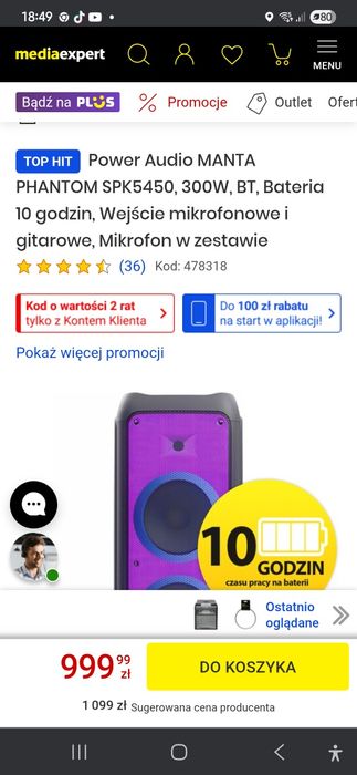 Sprzedam duży głośnik MANTA SPK 5450 PHANTOM bluetooth na gwarancji
