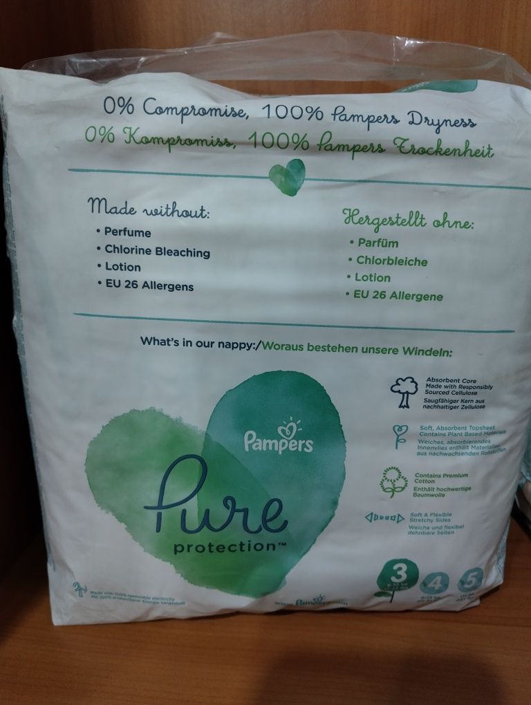Pampers Pure Protection, размеры 3 (6-10 кг), 4 (10-14 кг), 22 штуки
