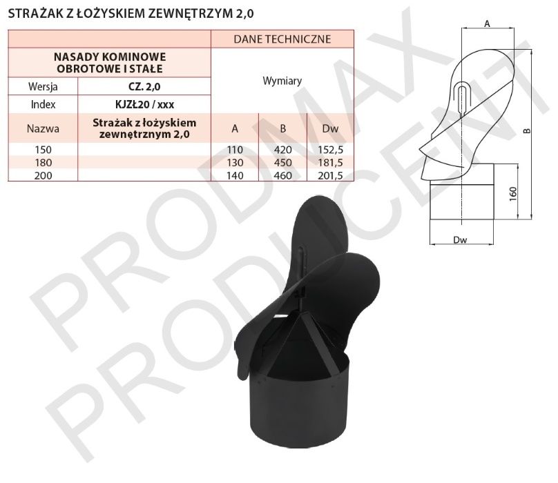 Nasada kominowa STRAŻAK fi 200 czarny 2mm z łożyskiem PRODUCENT!!!