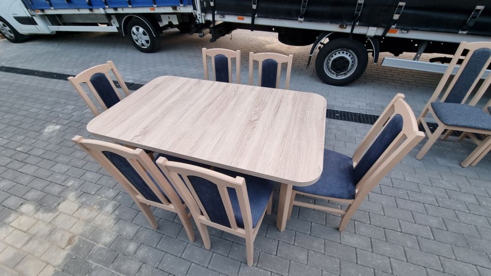 OD RĘKI: STÓŁ 80x140/180 + 6 KRZESEŁ, sonoma + metaliczny granatowy