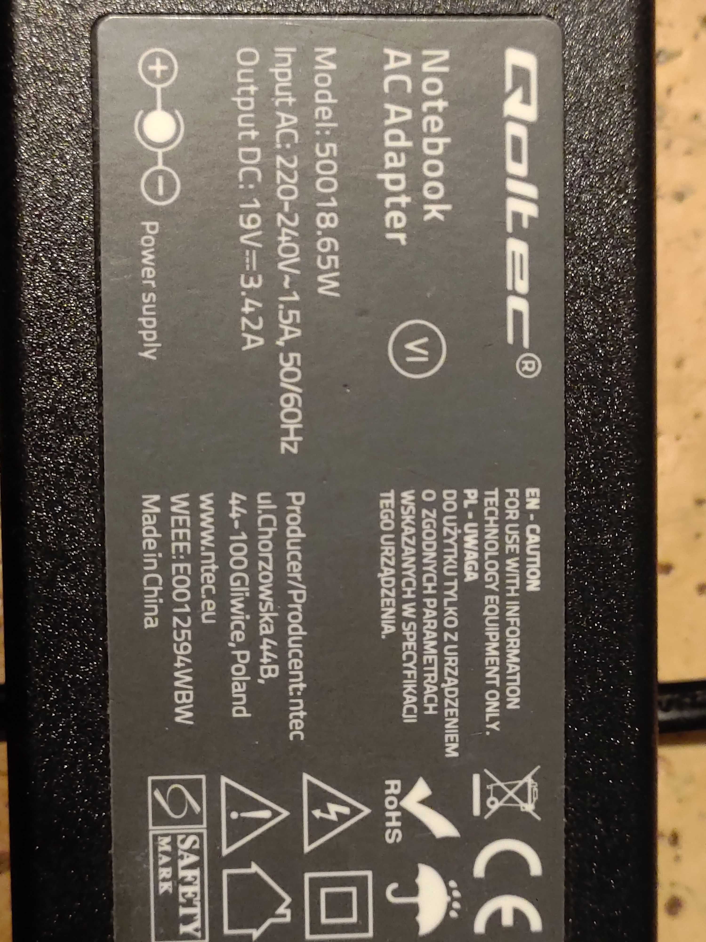 Zasilacz laptopa Qualtec 50018.65, 19V, 3.42A, 65W komputerowy