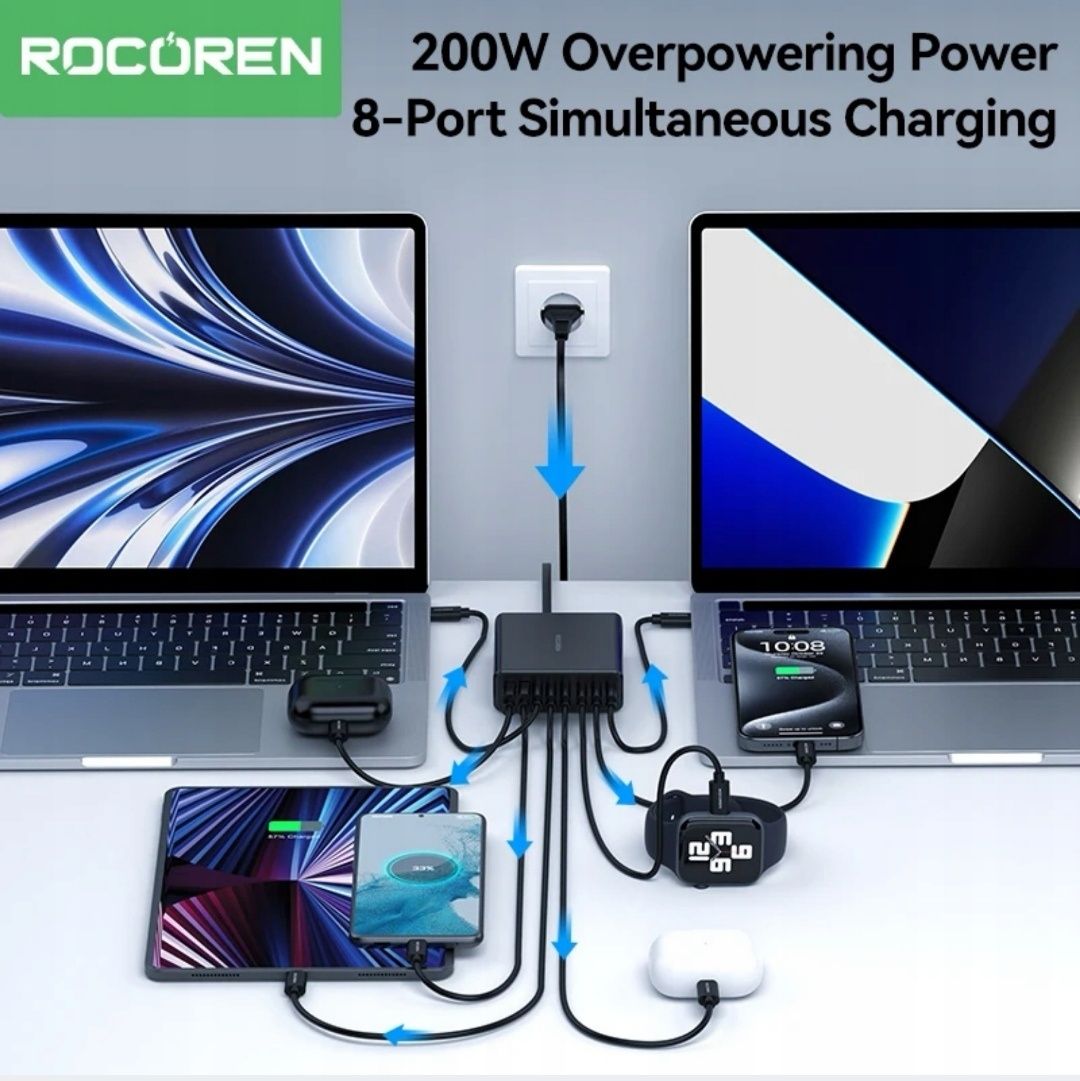 Rocoren 200W 8 w 1 wieloportowa szybka ładowarka USB typu C PD do komp