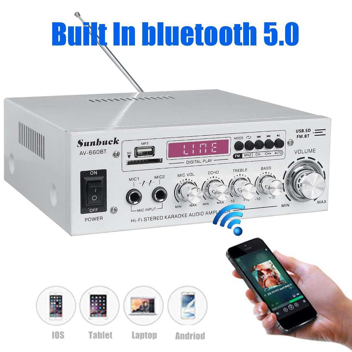 Amplificador  2.0 canais 12v 220v  eq sd usb 2 mic 5.0 bluetooth 800w