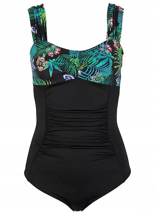 B.P.C kostium kąpielowy czarny z marszczeniem i wzorem przy dekolcie ^