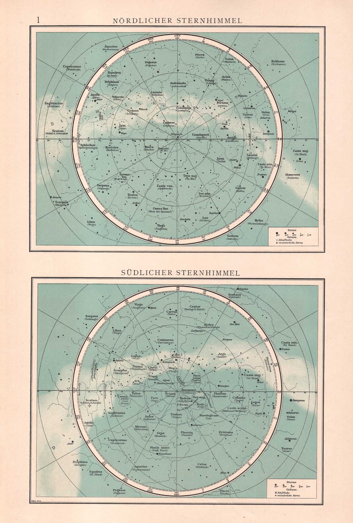 Niebo północne i południowe. Mapa astronomiczna 1905r. autentyk