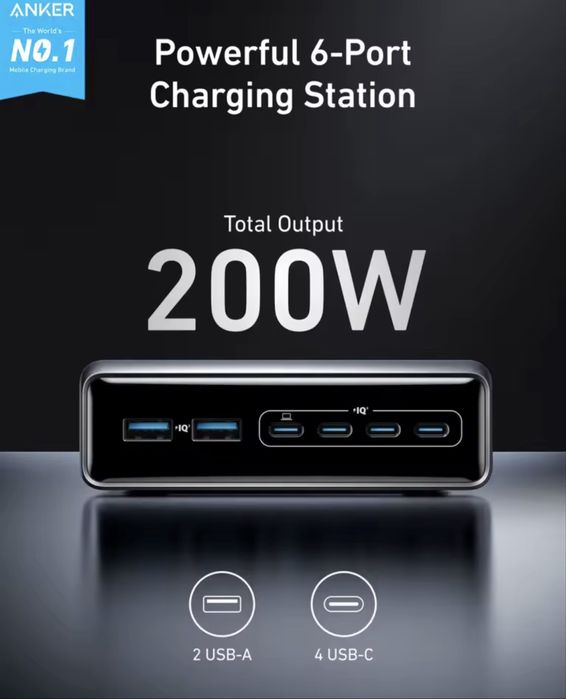 Зарядний пристрій Anker Prime Charger 200W, 6 Ports, GaN