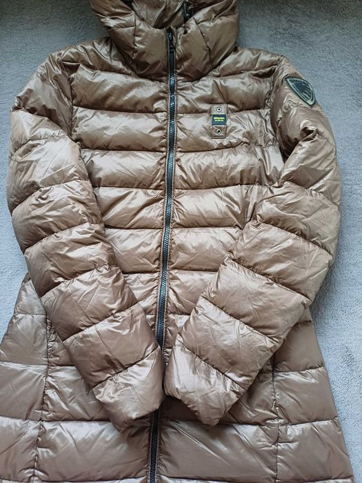 Blauer długi puchowy płaszcz kurtka z kapturem rozmiar M