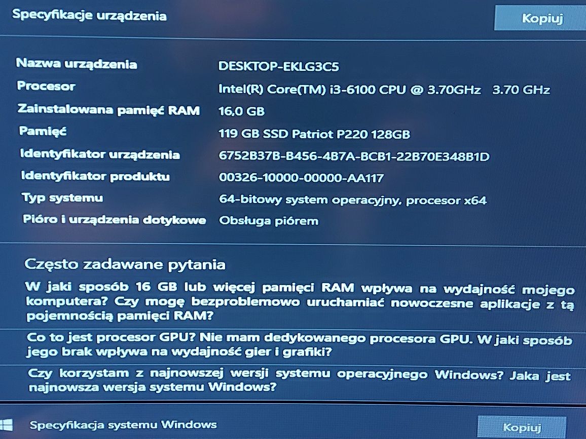 ODBIÓR OSOBISTY   Komputer Core i3 6100/16GB RAM/SSD/Radeon