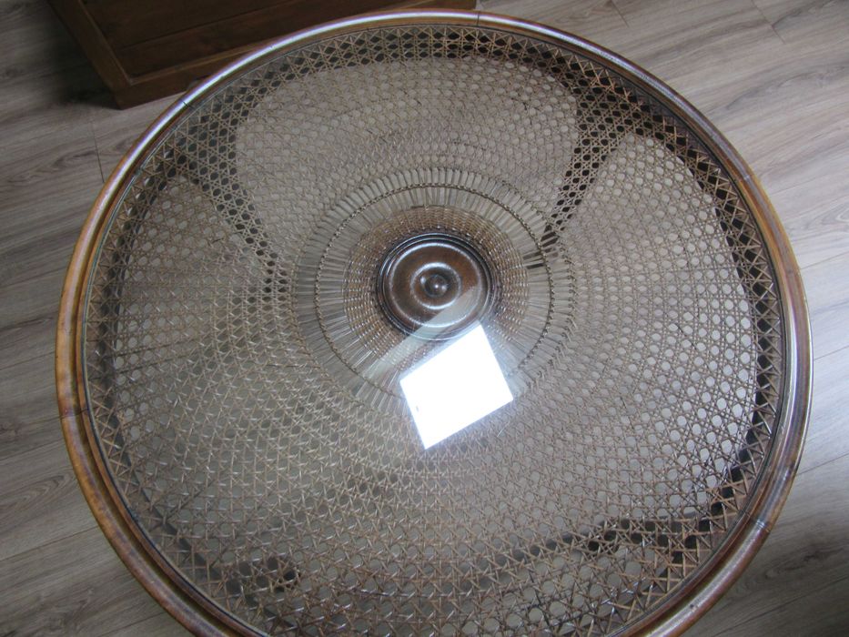 stolik kawowy vintage stylowy okragly drewno, rattan,szklo   86cm-60cm