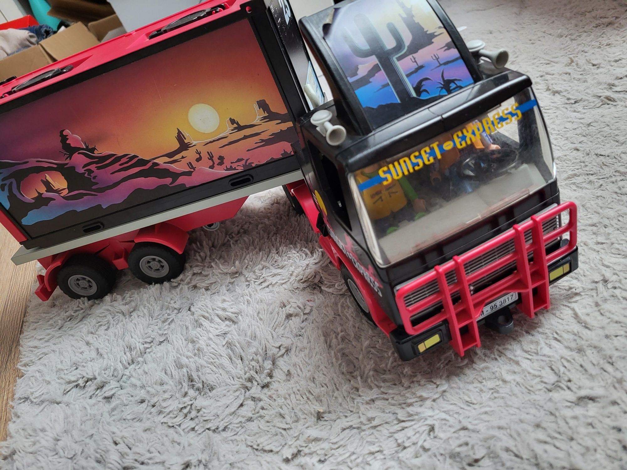 Duży zestaw playmobil, ciężarówka, łodzie, zabawka