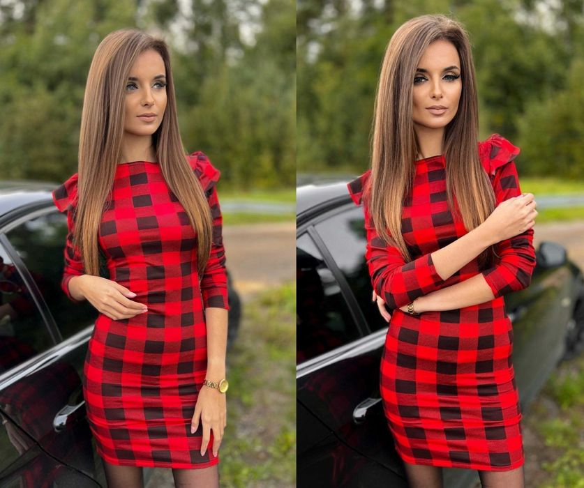 Sukienka ołówkowa w KRATKĘ czerwona z FALBANKAMI na ŚWIĘTA