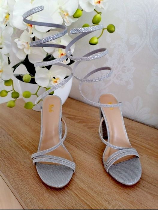 Elegancka sandały srebrne słupek wesele sylwester 38