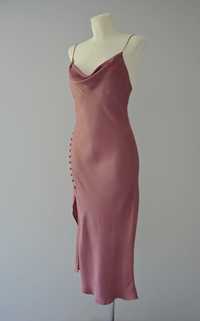 Zara satynowa sukienka midi guziki brudny róż slip dress 38 M