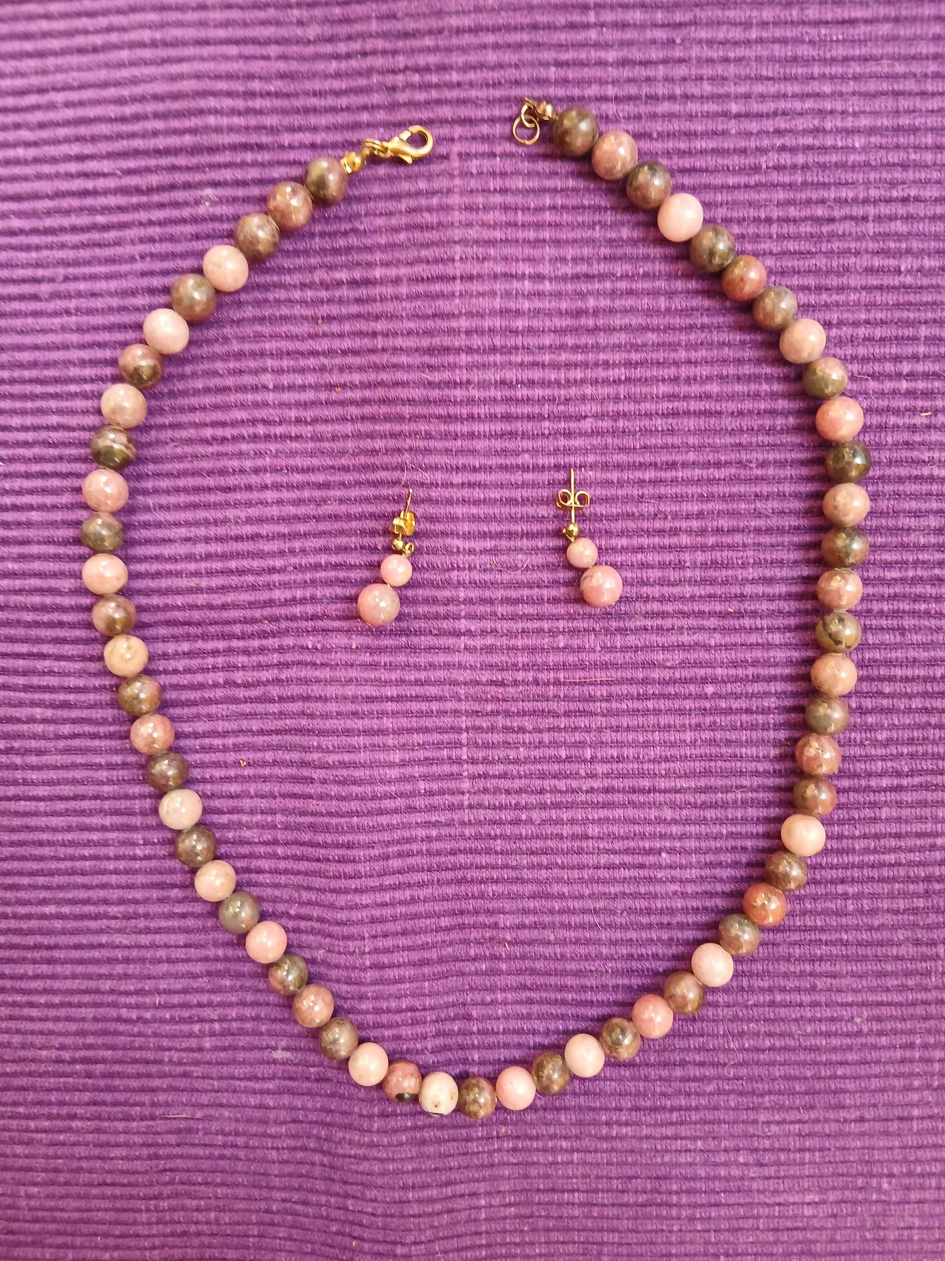 Colar e Brincos de Cristal Rhodonite Feito à Mão