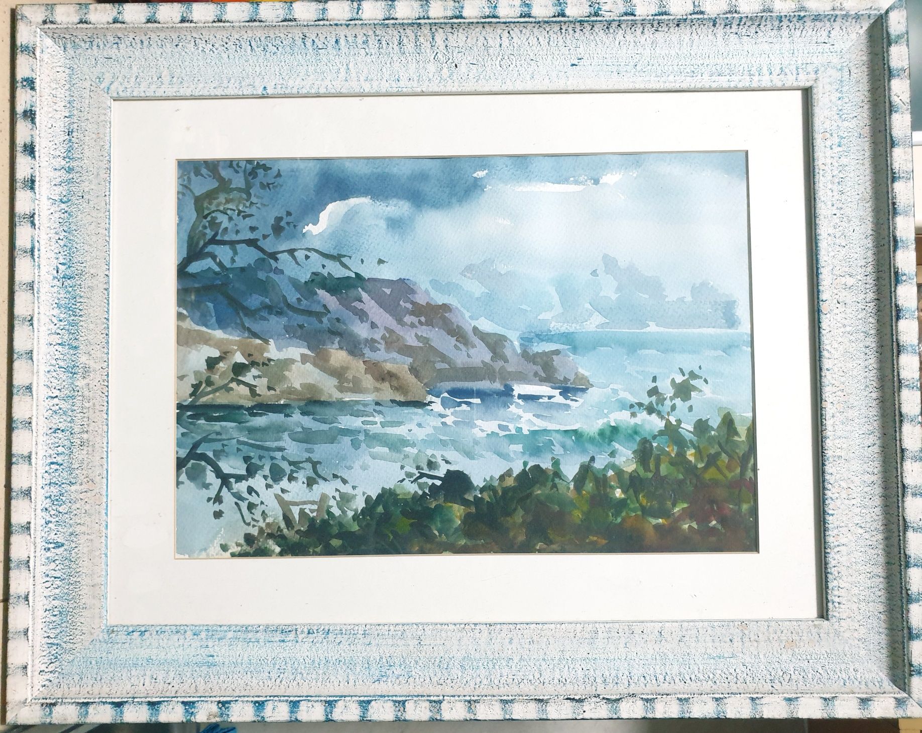 A. Abellan Aguarela com paisagem marítima  emoldurada