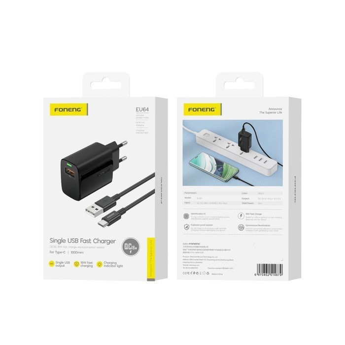 Foneng Ładowarka EU64 - USB - 18W z kablem Typ C czarna
