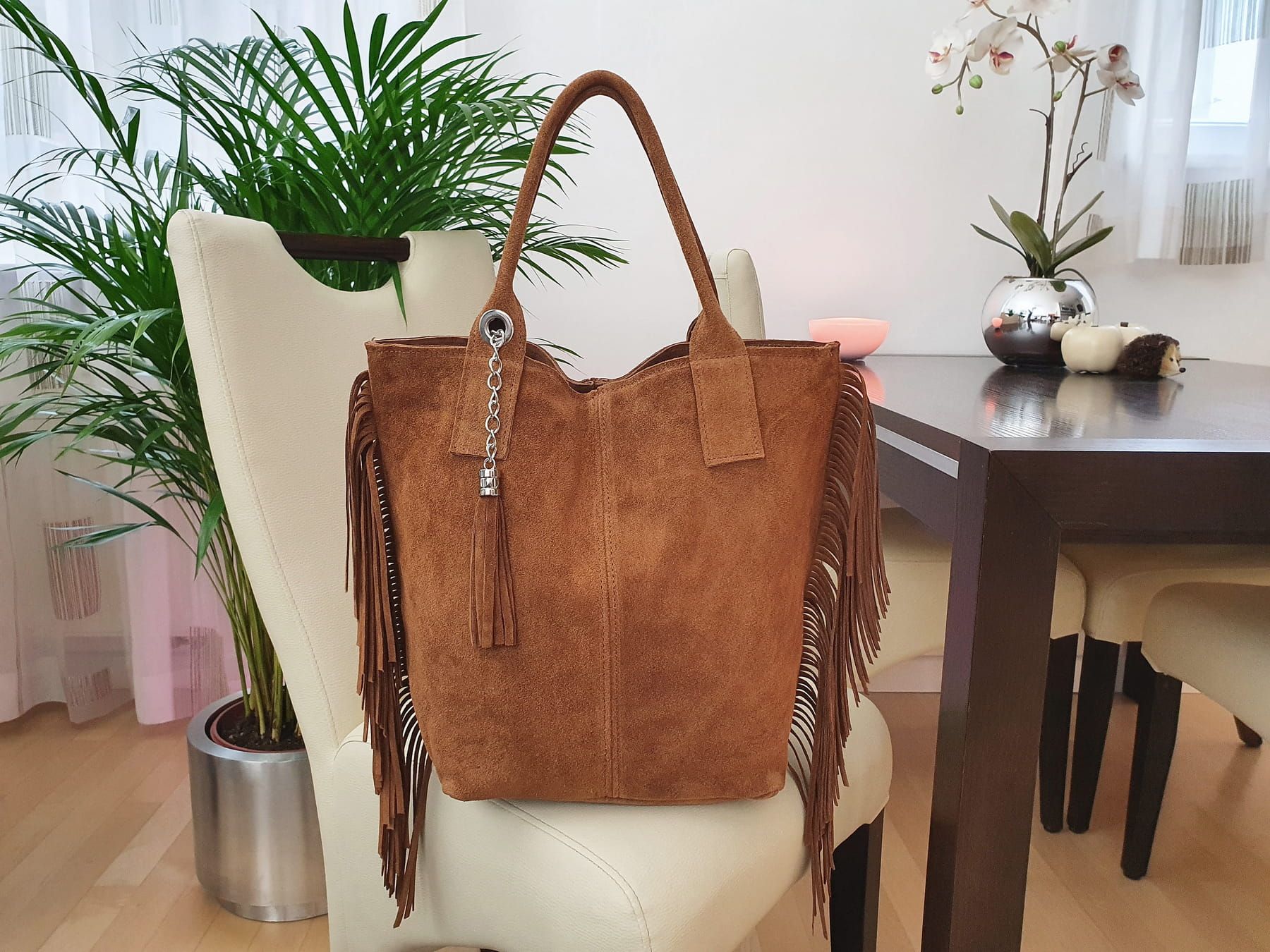 VERA PELLE torebka damska zamszowa shopper z frędzlami V460 camel
