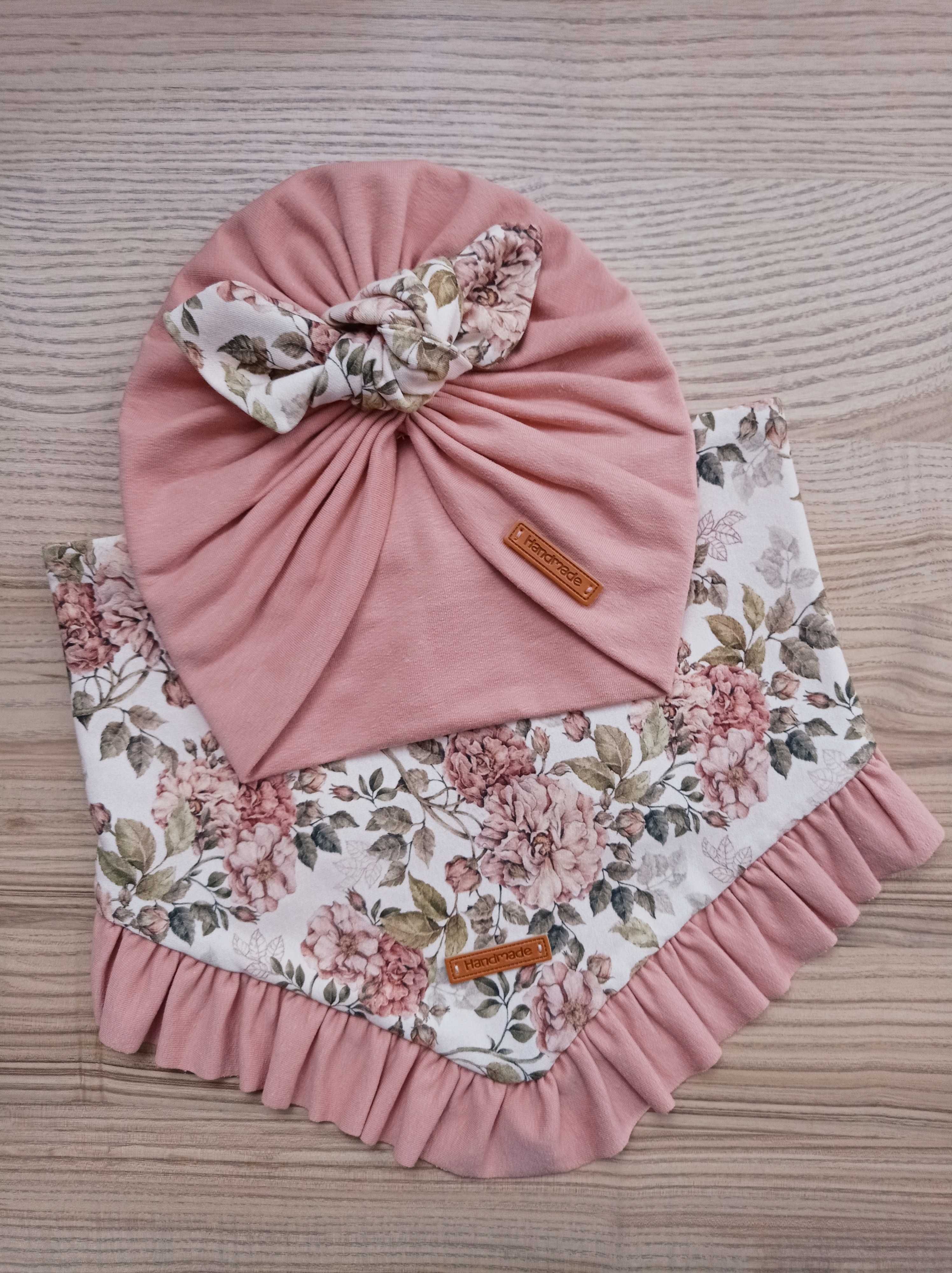 komplet turban i chusta dla dziewczynki, kwiatuszki, Handmade