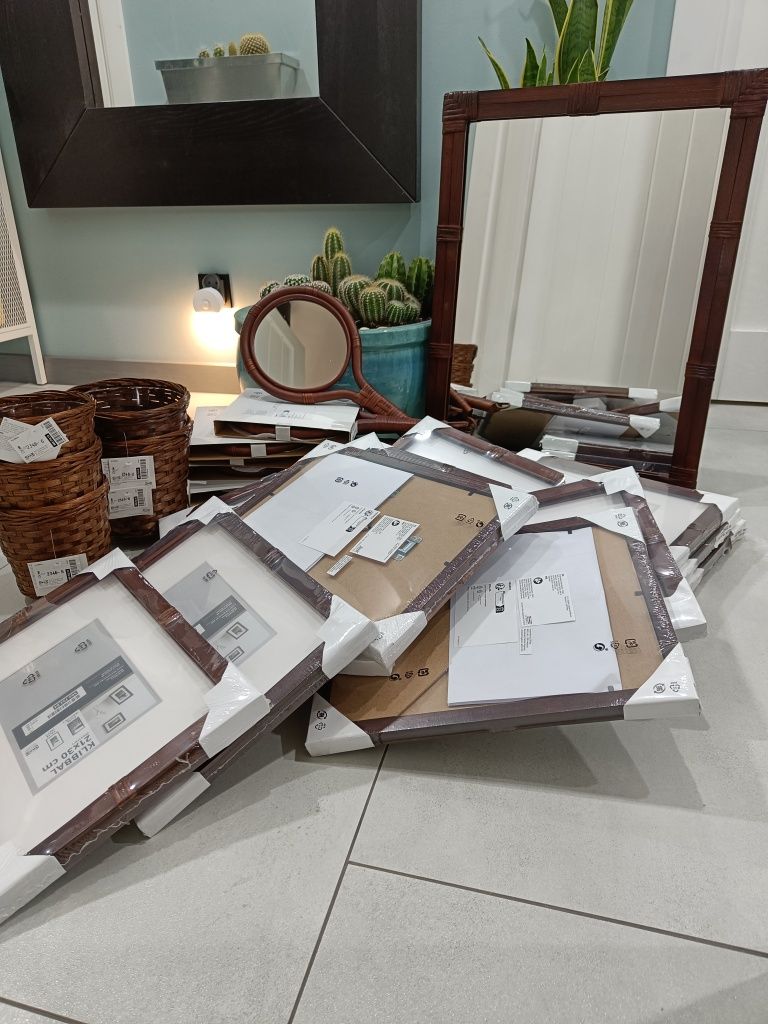 Rattan + akacja osłonki doniczek, lustra , ramki Ikea KLIBBAL