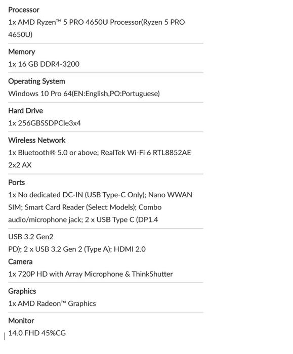 LapTop Lenovo T14s Gen 1 / 2021 Usado em bom estado