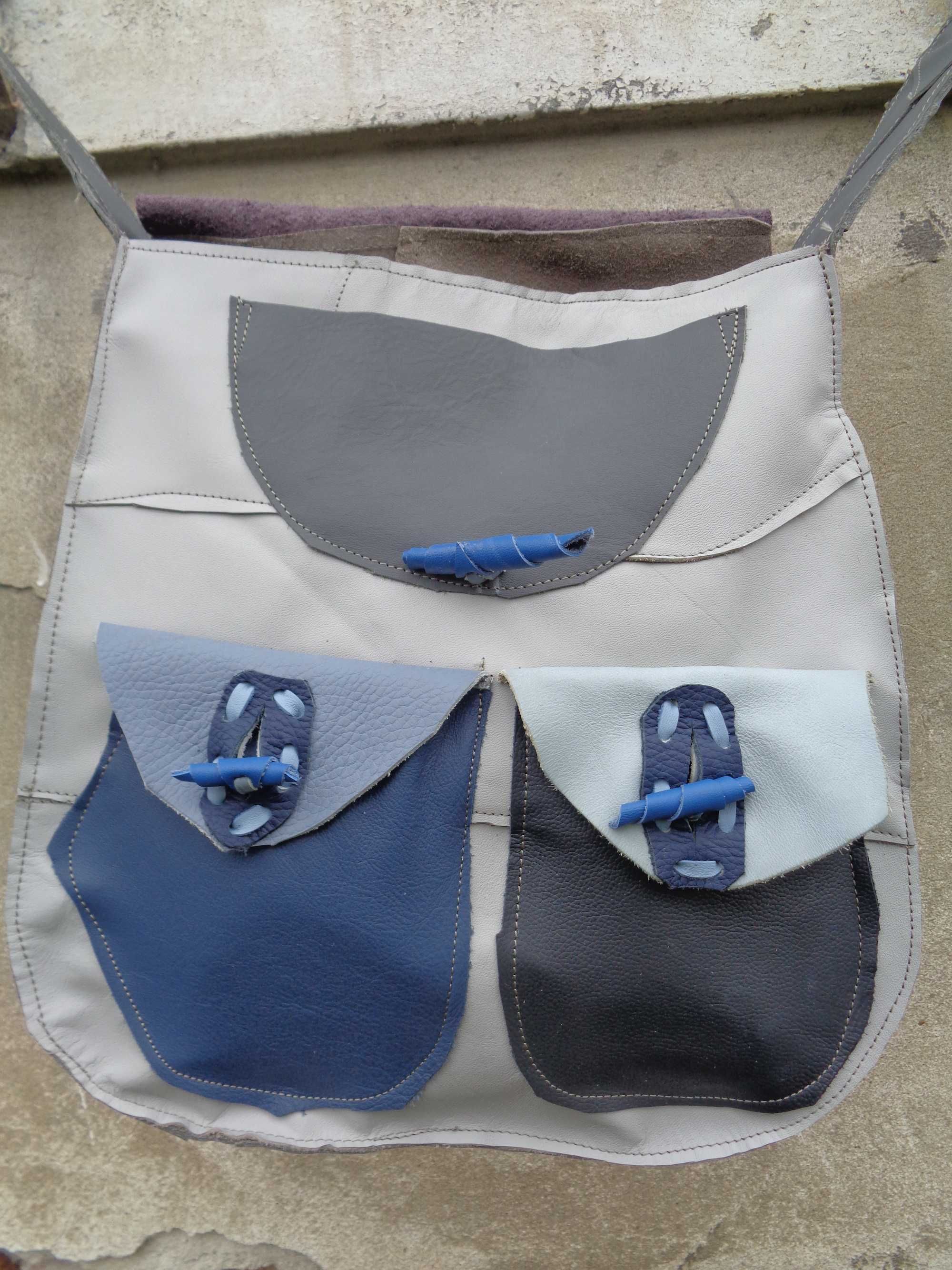WYPRZEDAŻ Artystyczna duża skórzana niebieska torebka. Handmade