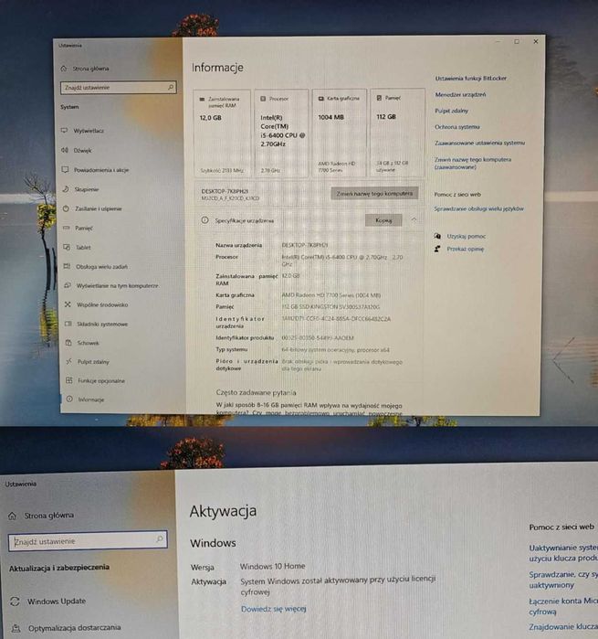 Komputer PC ASUS Intel i5 12GB RAM Radeon HD7700 1GB Windows 10 SSD