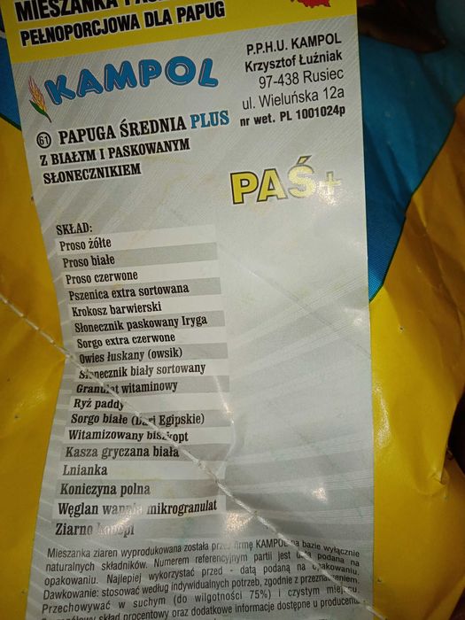 Karma dla Papug średnich + Papug Dużych 20 kg kampol