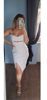 Biała Sukienka Midi Z Wycięciem Bodycon Dopasowana Ołówkowa 38/40