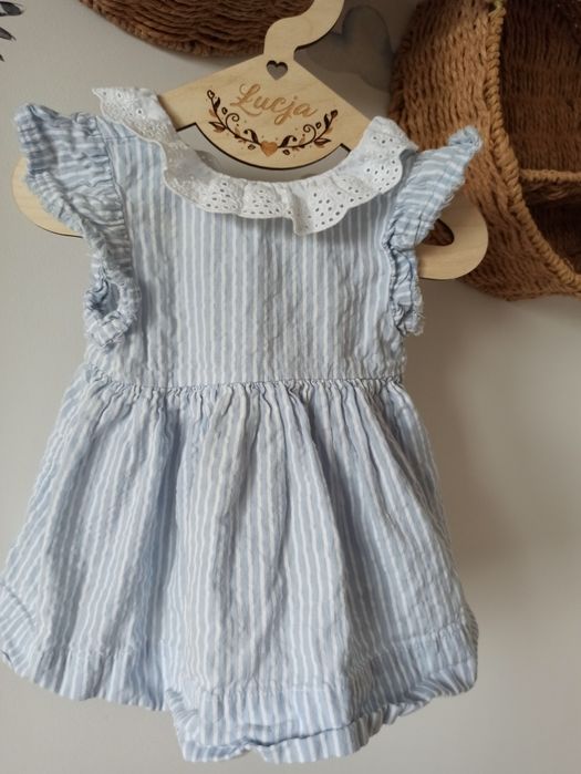 Sukienka Next błękitna niebieska w paski koronka kołnierzyk lato