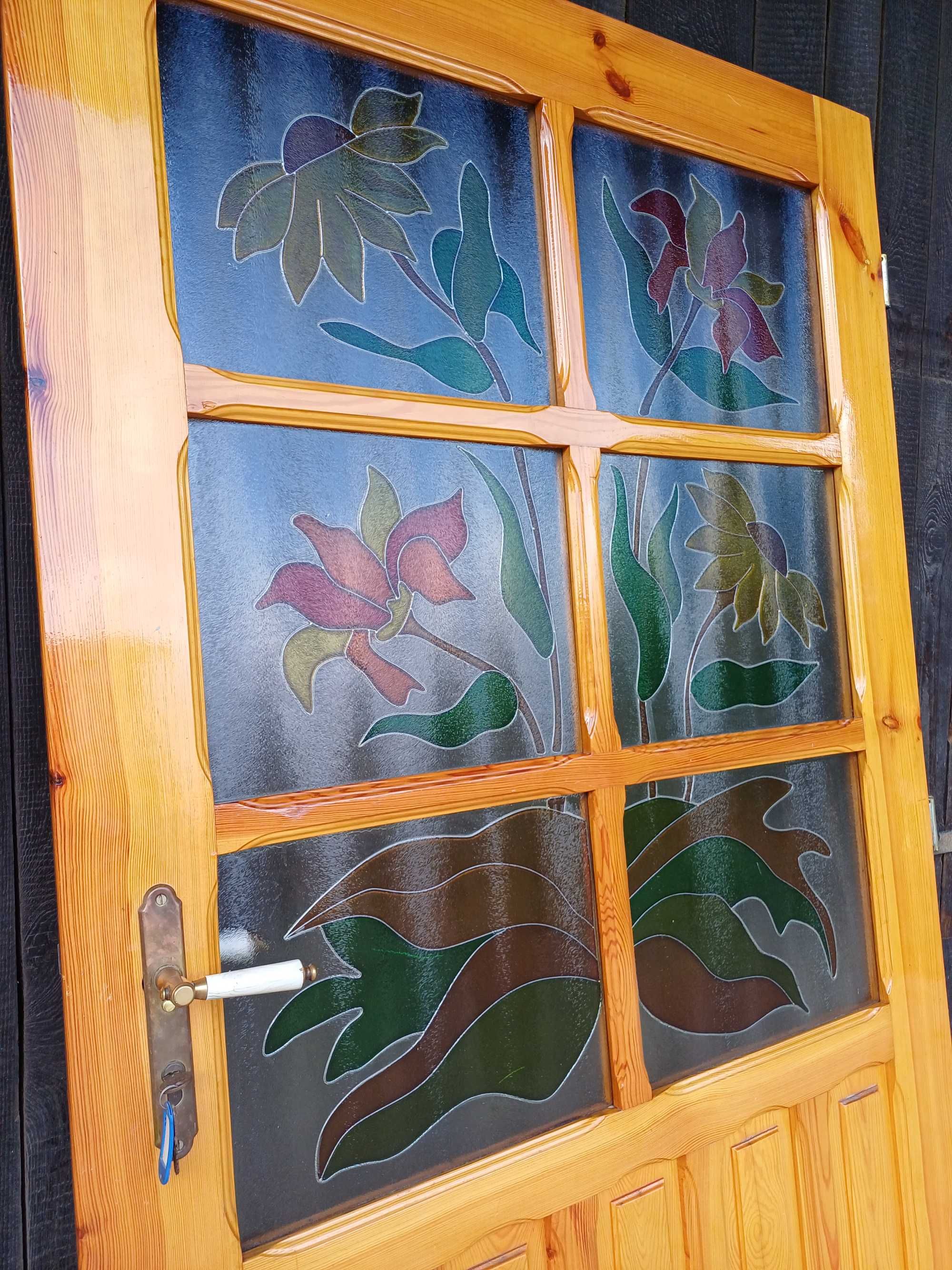 Drzwi drewniane z witrażem 100 cm