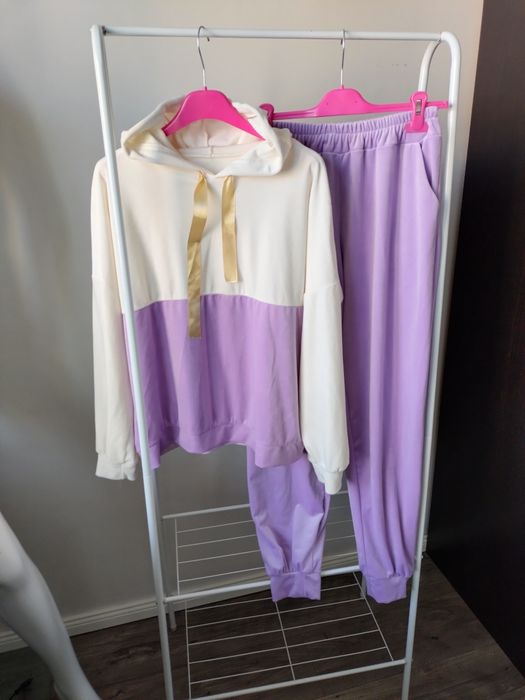 Set komplet dresowy welurowy śmietanka i linia uni S-2XL