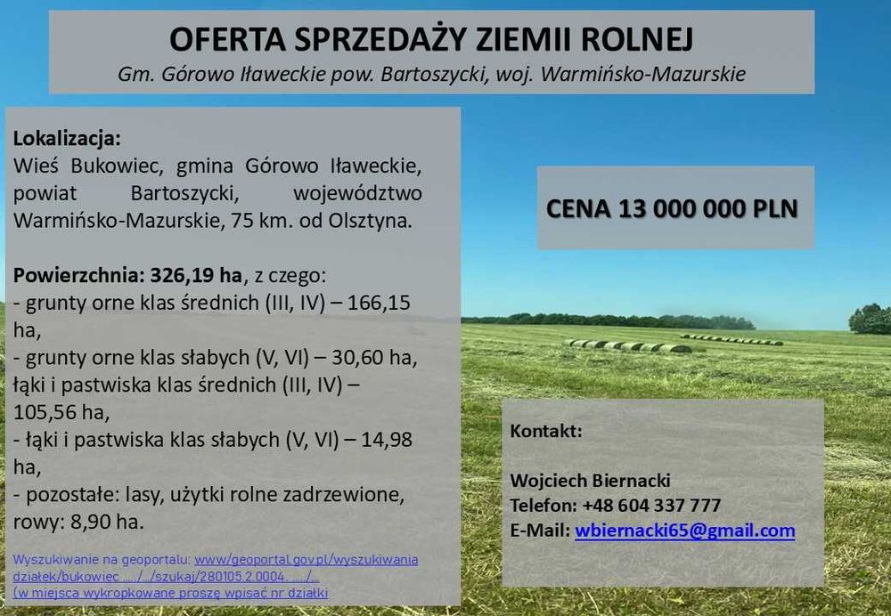 Ziemia rolna - 330 ha, hala użytkowa - 1120 m2, Warmińsko-Mazurskie