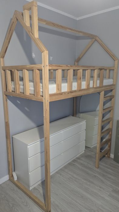 Łóżko domek na antresoli 160x80 DREWNO 100% + Materac 80x160 dziecięcy