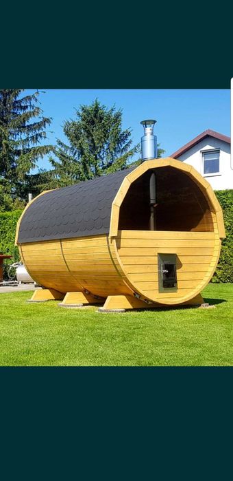 Sauna ogrodowa drewniana z tarasem beczka piec drewno 2,5m szyba 50%