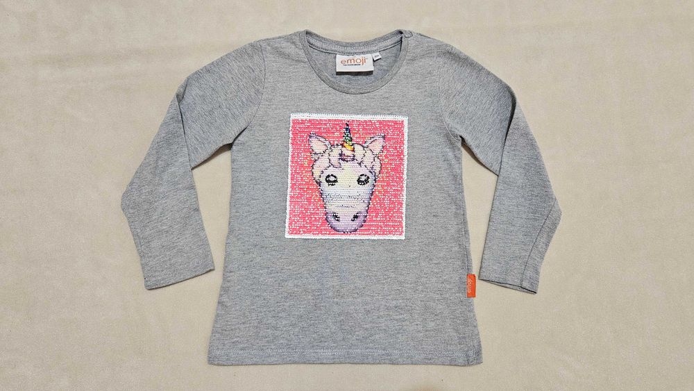 Siwa bluzka dł rękaw 104 cekiny 2 obrazki