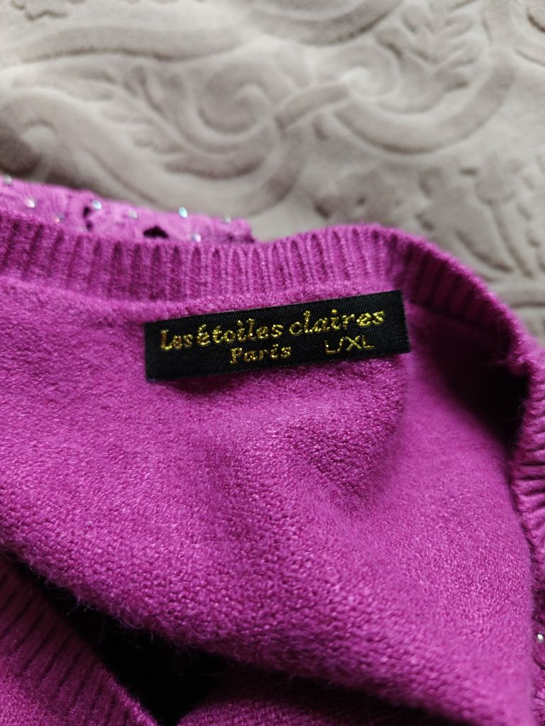 Sweter fuksja fioletowy burgundowy koronkowy kryształki L XL 40 42