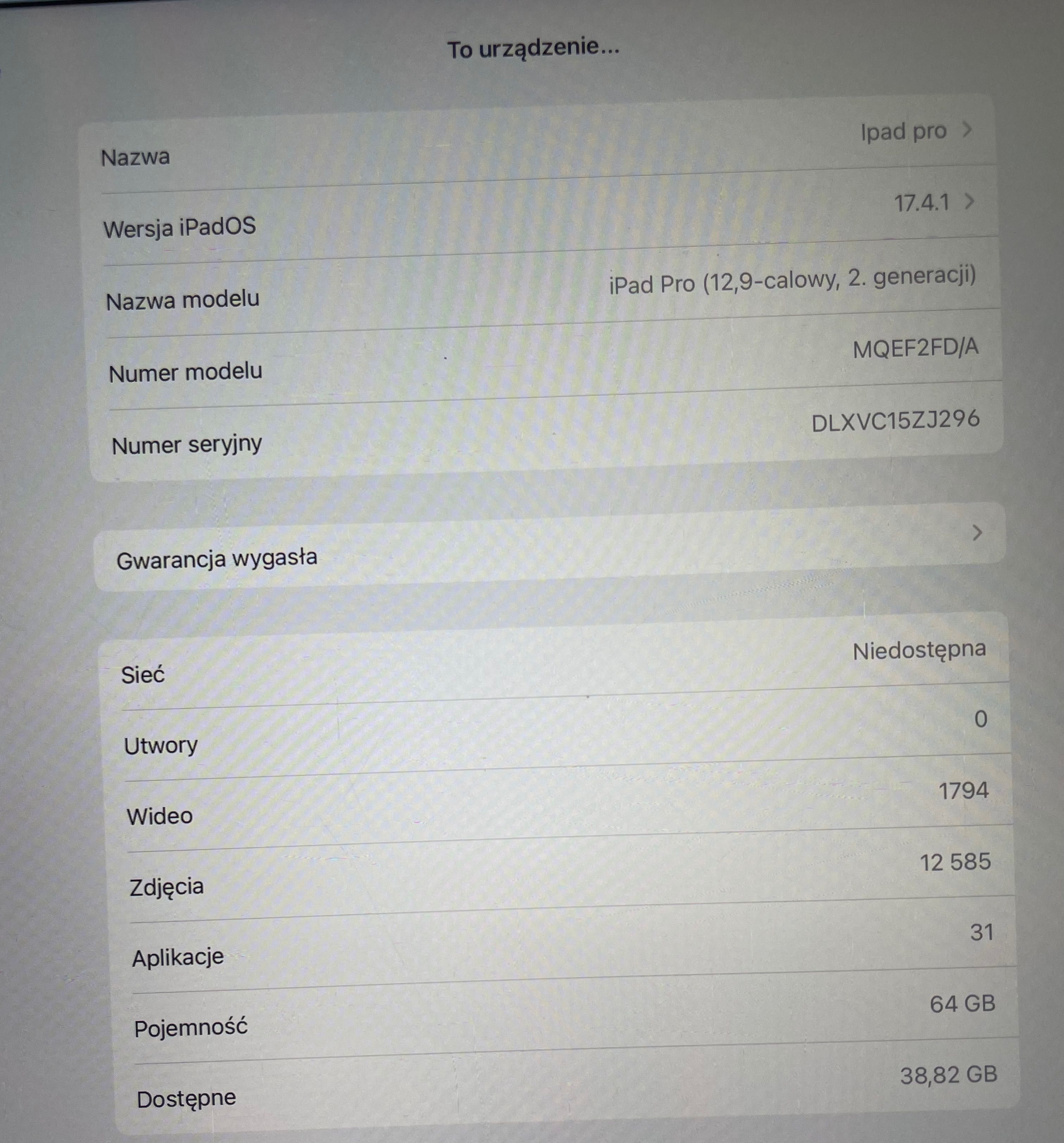 Ipad Pro II 64 GB 12,9' Cellular/zamiana na złoty zegarek 14k