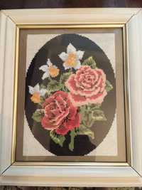 Obraz w ramie róże haft krzyżykowy rękodzieło