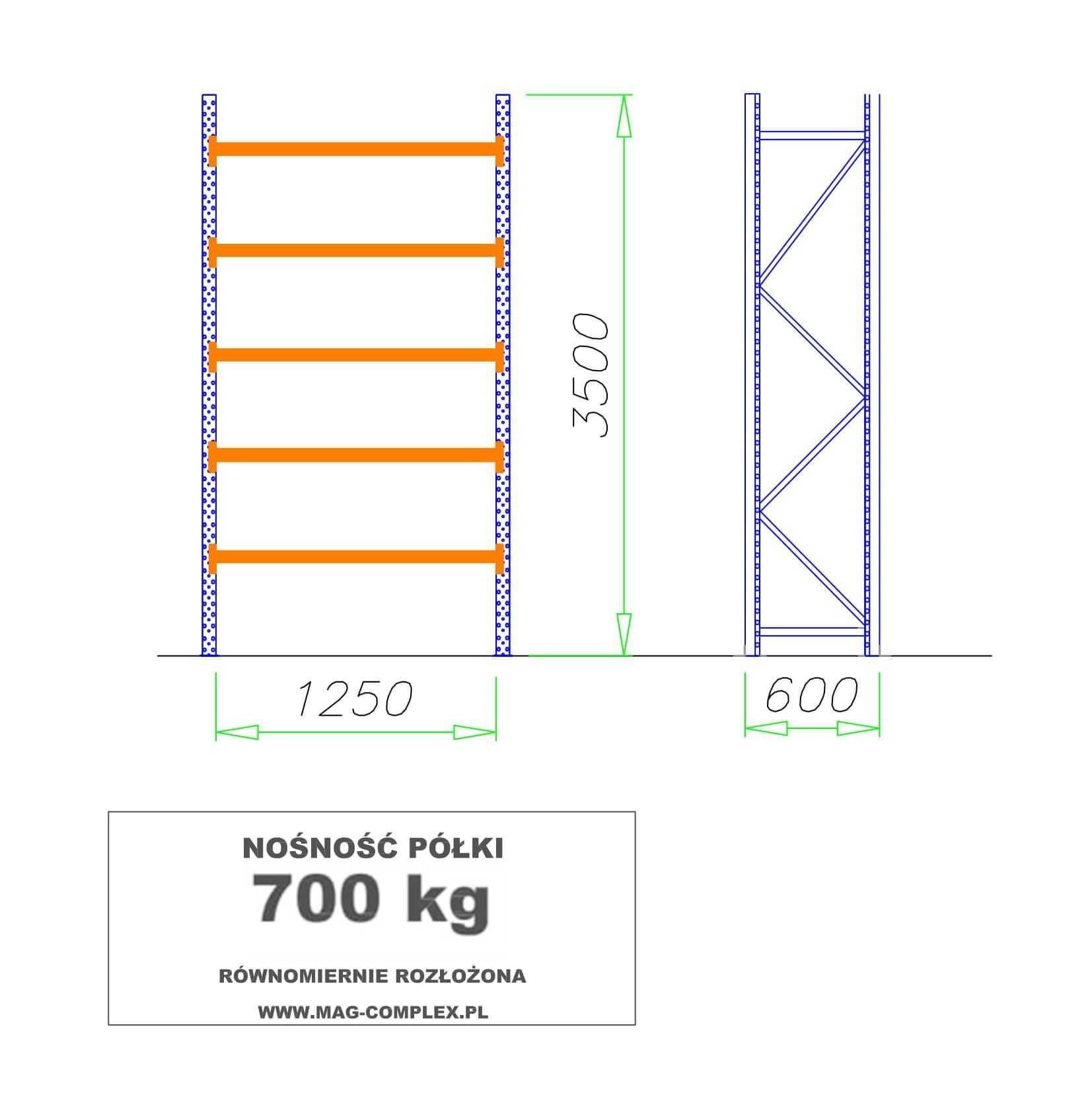 Regał do magazynu solidny metalowy MRC-4, H=3500mm 5 półek – 700 kg