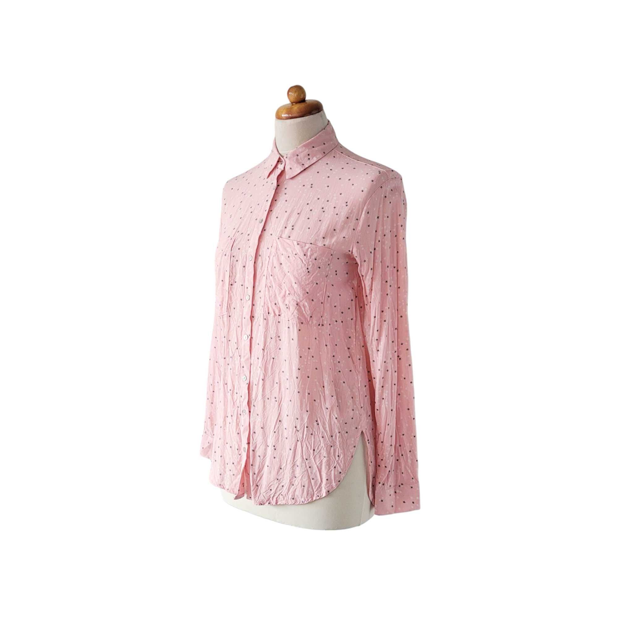 Różowa koszula damska w jaskółki S Stradivarius bluzka asymetryczna