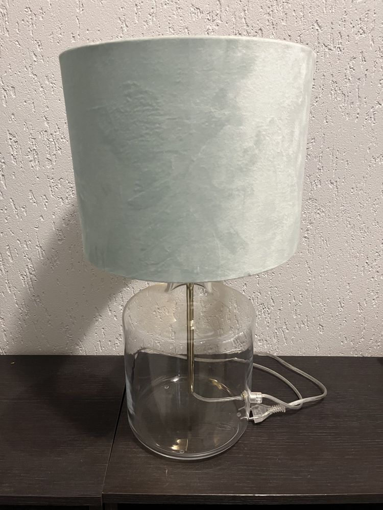 Lampa stolowa, lampka nocna, szklana, abażur materiał i stal
