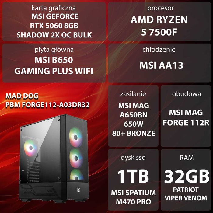R5-7500F 32GB RAM DDR5 MSI B650 1TB SSD GeForce RTX5060 DLSS 4 Wi-Fi