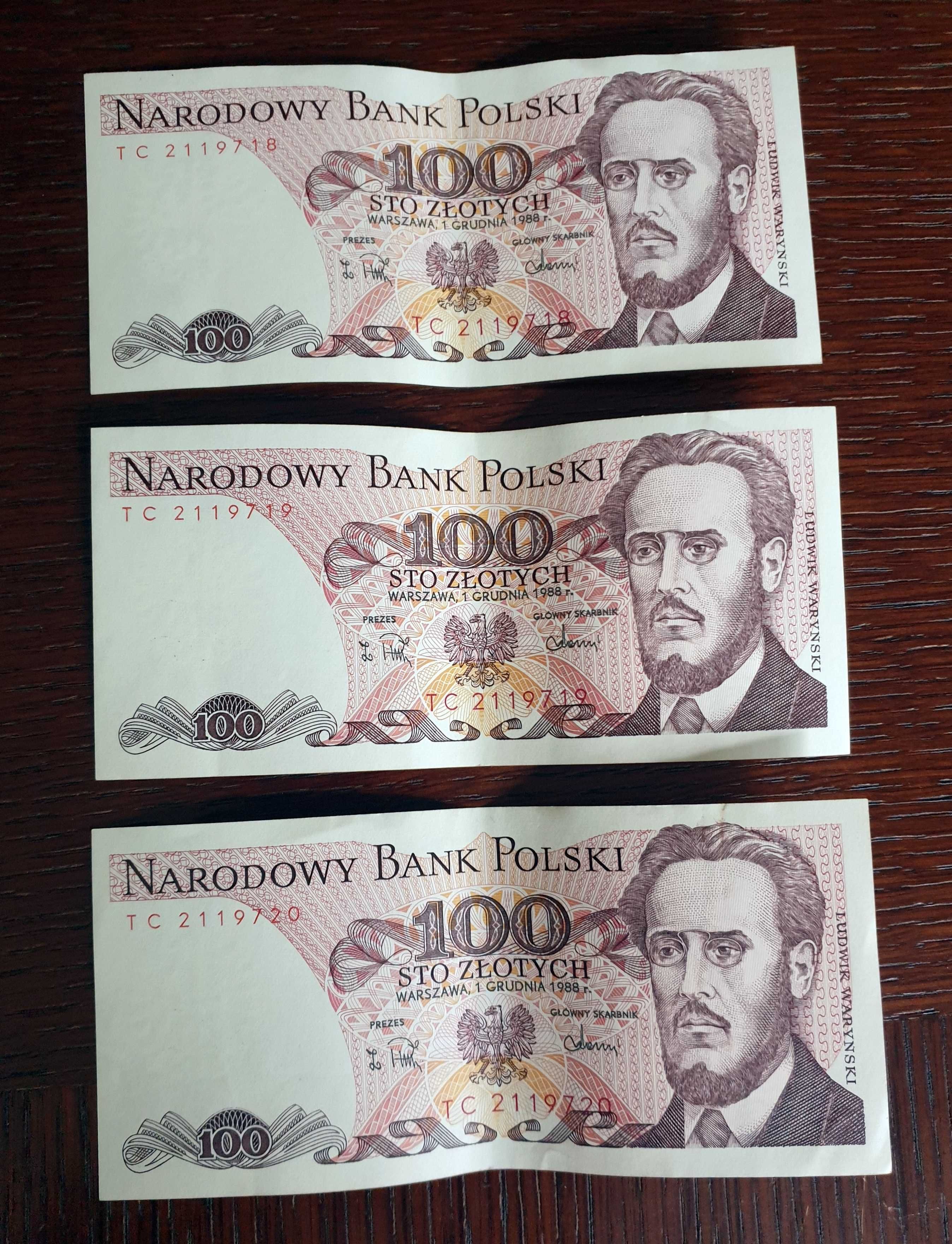 Banknoty (3 szt, TC kolejne numery) PRL 100 złotych / Waryński 1988