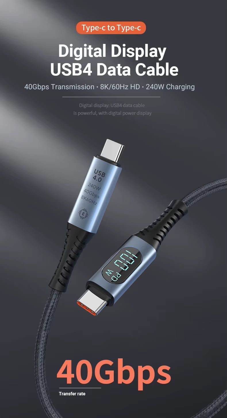 Кабель 1/1,8/2 м Usb C 40Gbps/240w