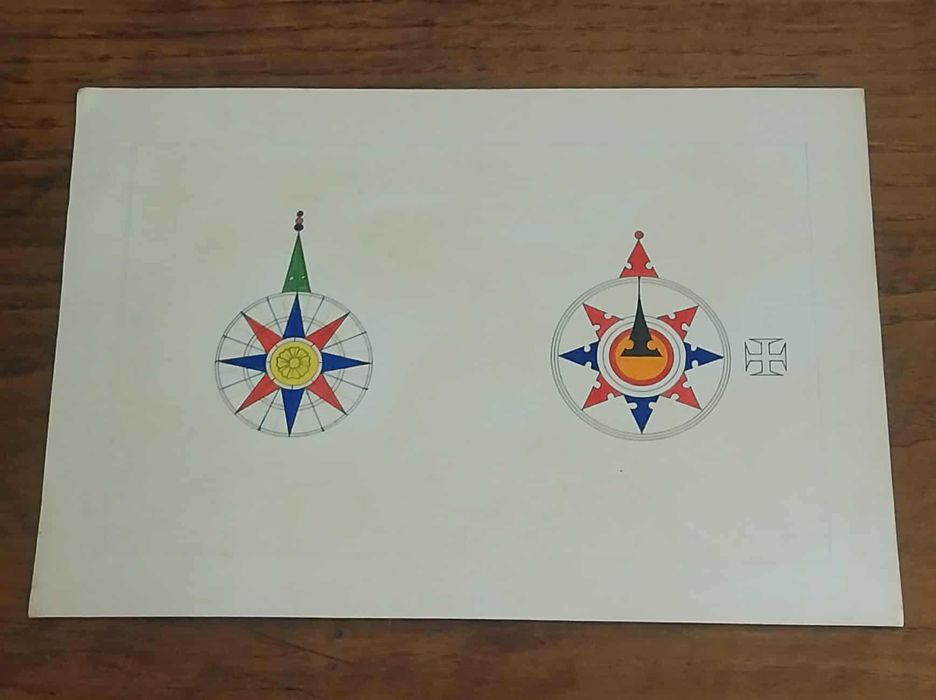 Invulgar Gravura VINTAGE de 2 Rosas dos Ventos Históricas da Cartog.