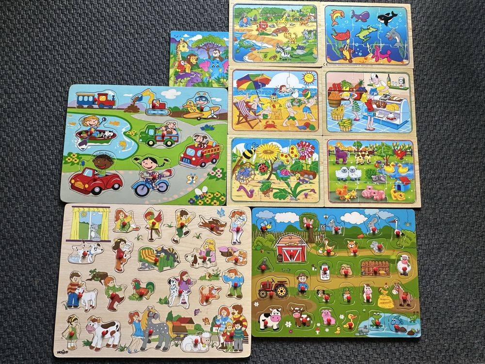 Zestaw 11 drewnianych ukladanek/puzzli dla dzieci w stanie idealnym
