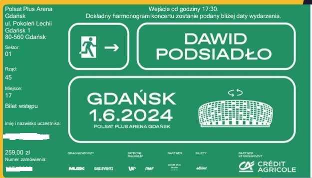 2 Bilety Dawid Podsiadło Gdańsk 01.06.2024