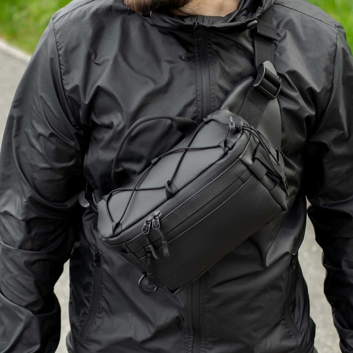 Тактична бананка з еко шкіри STORM чорна Поясна нагрудна сумка