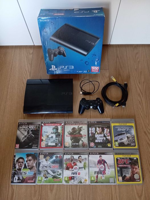 PS3 500GB PlayStation 3, comando Sony, 10 jogos (faço retoma de jogos)