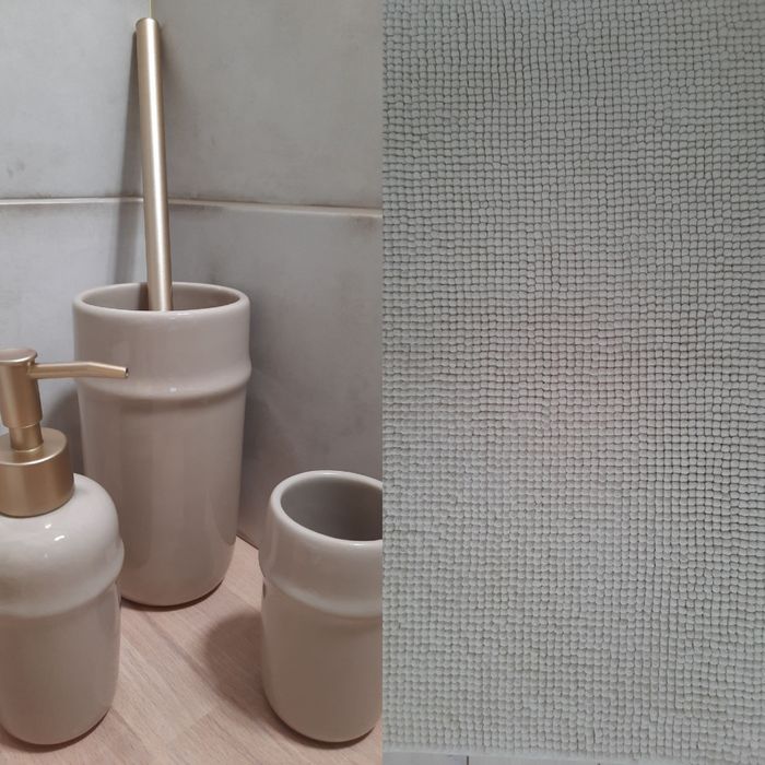 zestaw łazienkowy dywanik dozownik do mydła kubek szczotka - pojemnik